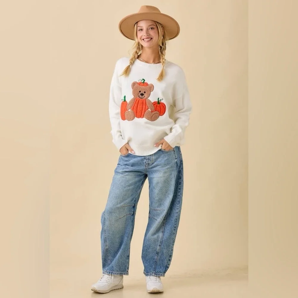 Textured Pumpkin Teddy Bear Embroidered Patchwork Sweater - Main Strip - Picture 6 of 6